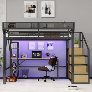 English Elm Full Metal Loft Bed with Desk Wardrobe Stairs RGB Lighting and Charging for Teens Black - B W2580S00104