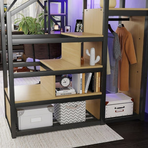 English Elm Full Metal Loft Bed with Desk Wardrobe Stairs RGB Lighting and Charging for Teens Black - B W2580S00104