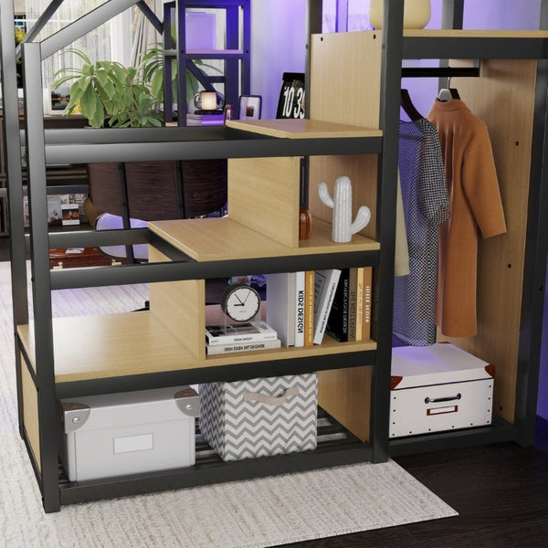 English Elm Full Metal Loft Bed with Desk Wardrobe Stairs RGB Lighting and Charging for Teens Black - B W2580S00104