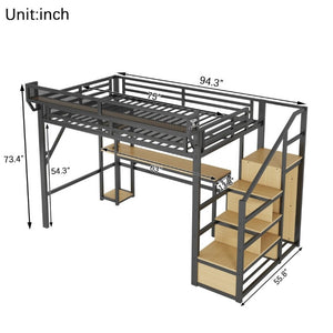 English Elm Full Metal Loft Bed with Desk Wardrobe Stairs RGB Lighting and Charging for Teens Black - B W2580S00104