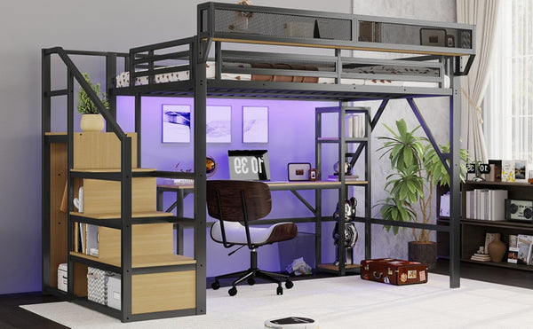 English Elm Full Metal Loft Bed with Desk Wardrobe Stairs RGB Lighting and Charging for Teens Black - B W2580S00104