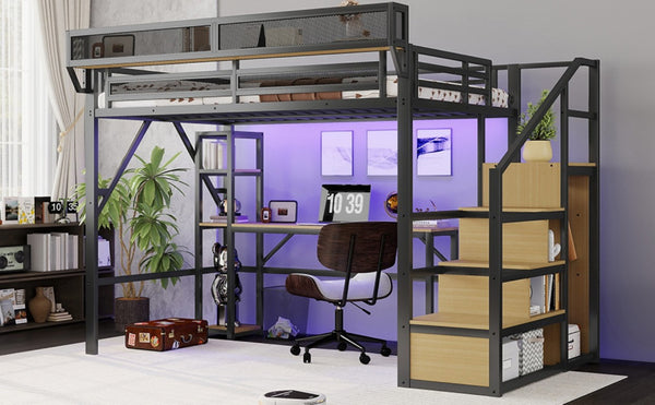 English Elm Full Metal Loft Bed with Desk Wardrobe Stairs RGB Lighting and Charging for Teens Black - B W2580S00104