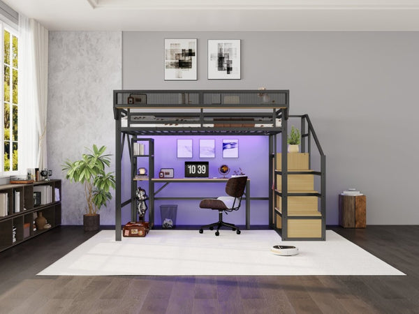 English Elm Full Metal Loft Bed with Desk Wardrobe Stairs RGB Lighting and Charging for Teens Black - B W2580S00104