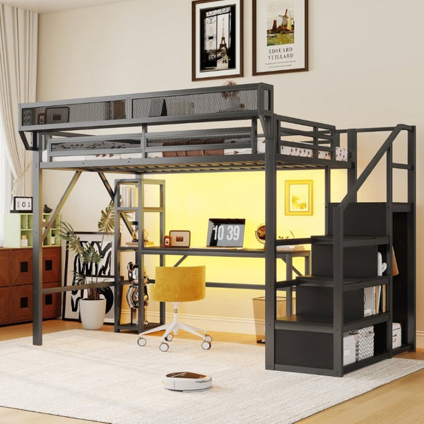 English Elm Full Metal Loft Bed with Desk Wardrobe Stairs RGB Lighting and Charging for Teens Black - A W2580S00105