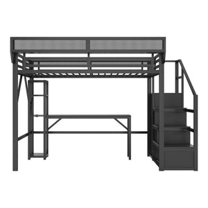 English Elm Full Metal Loft Bed with Desk Wardrobe Stairs RGB Lighting and Charging for Teens Black - A W2580S00105