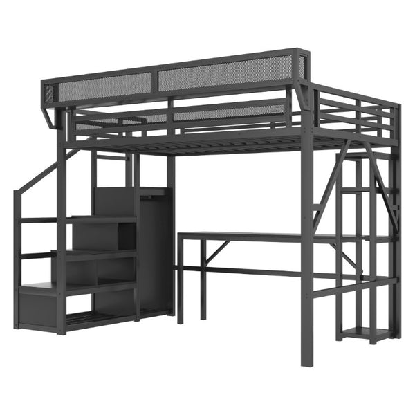 English Elm Full Metal Loft Bed with Desk Wardrobe Stairs RGB Lighting and Charging for Teens Black - A W2580S00105