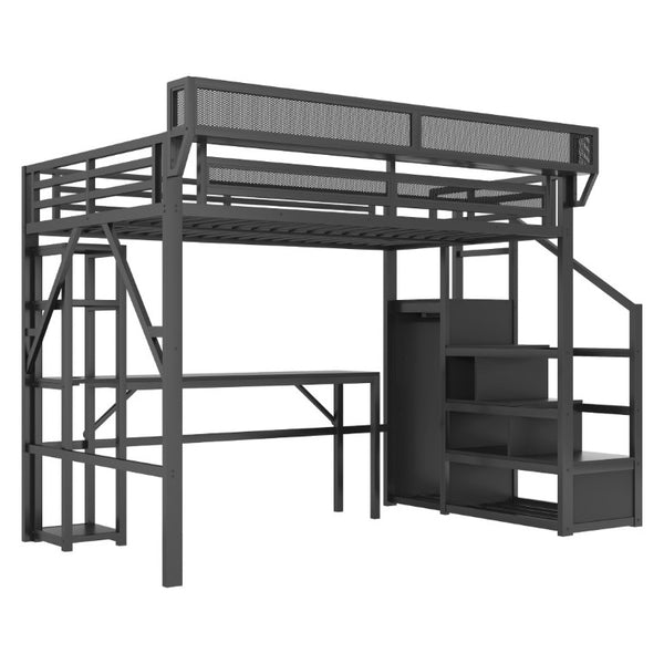 English Elm Full Metal Loft Bed with Desk Wardrobe Stairs RGB Lighting and Charging for Teens Black - A W2580S00105