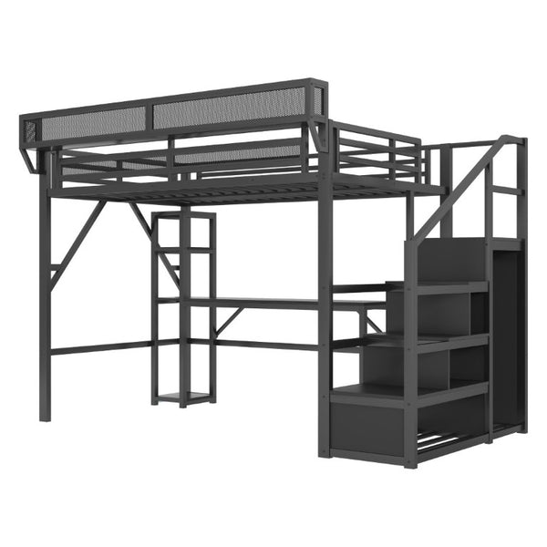 English Elm Full Metal Loft Bed with Desk Wardrobe Stairs RGB Lighting and Charging for Teens Black - A W2580S00105