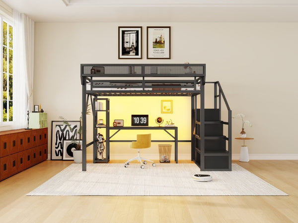 English Elm Full Metal Loft Bed with Desk Wardrobe Stairs RGB Lighting and Charging for Teens Black - A W2580S00105