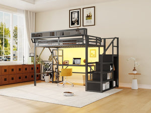 English Elm Full Metal Loft Bed with Desk Wardrobe Stairs RGB Lighting and Charging for Teens Black - A W2580S00105