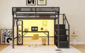 English Elm Full Metal Loft Bed with Desk Wardrobe Stairs RGB Lighting and Charging for Teens Black - A W2580S00105