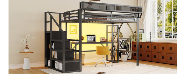 English Elm Full Metal Loft Bed with Desk Wardrobe Stairs RGB Lighting and Charging for Teens Black - A W2580S00105
