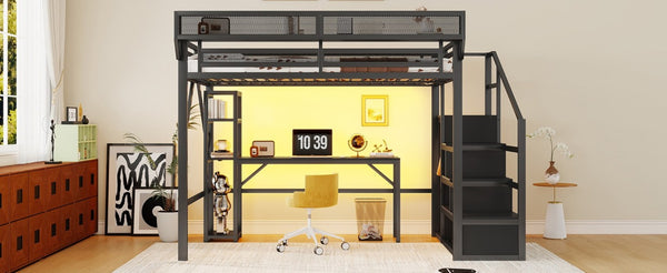 English Elm Full Metal Loft Bed with Desk Wardrobe Stairs RGB Lighting and Charging for Teens Black - A W2580S00105