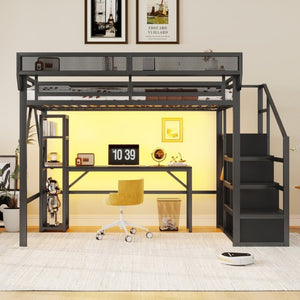 English Elm Full Metal Loft Bed with Desk Wardrobe Stairs RGB Lighting and Charging for Teens Black - A W2580S00105