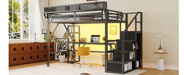 English Elm Full Metal Loft Bed with Desk Wardrobe Stairs RGB Lighting and Charging for Teens Black - A W2580S00105