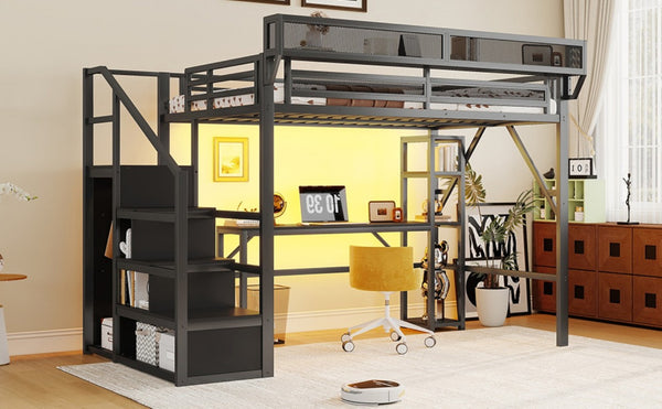 English Elm Full Metal Loft Bed with Desk Wardrobe Stairs RGB Lighting and Charging for Teens Black - A W2580S00105