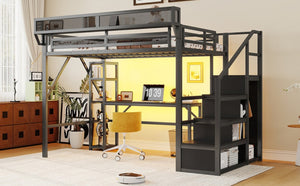 English Elm Full Metal Loft Bed with Desk Wardrobe Stairs RGB Lighting and Charging for Teens Black - A W2580S00105