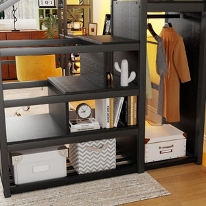 English Elm Full Metal Loft Bed with Desk Wardrobe Stairs RGB Lighting and Charging for Teens Black - A W2580S00105
