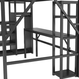 English Elm Full Metal Loft Bed with Desk Wardrobe Stairs RGB Lighting and Charging for Teens Black - A W2580S00105