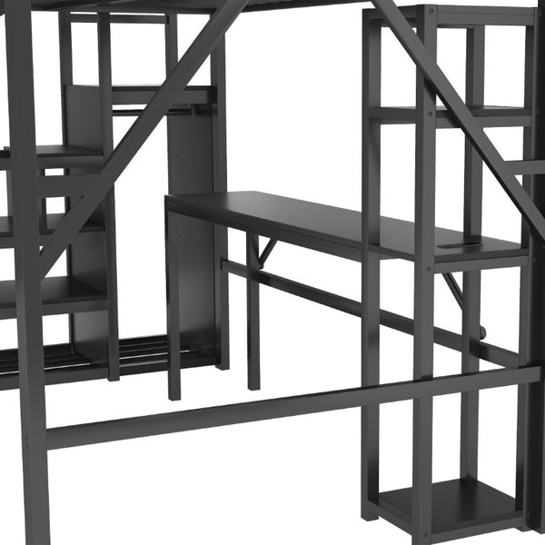 English Elm Full Metal Loft Bed with Desk Wardrobe Stairs RGB Lighting and Charging for Teens Black - A W2580S00105