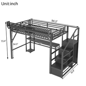 English Elm Full Metal Loft Bed with Desk Wardrobe Stairs RGB Lighting and Charging for Teens Black - A W2580S00105
