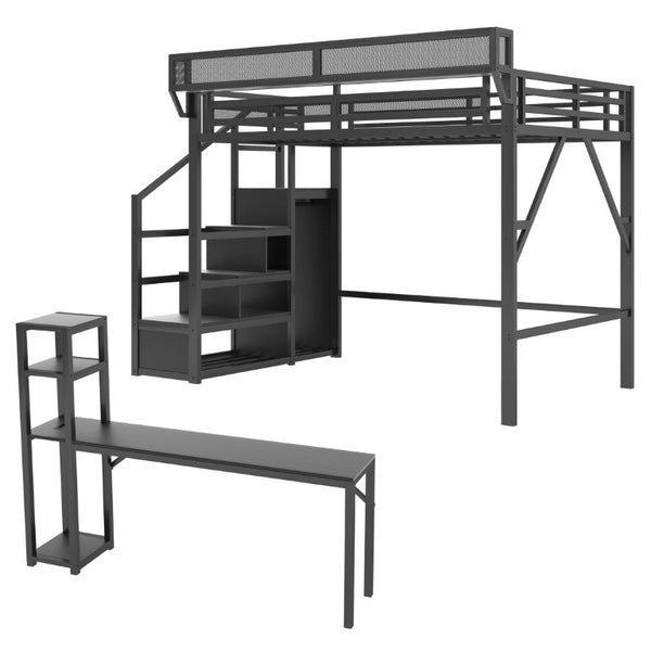 English Elm Full Metal Loft Bed with Desk Wardrobe Stairs RGB Lighting and Charging for Teens Black - A W2580S00105