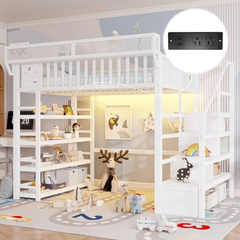 English Elm Full Metal Loft Bed with Stair Storage Charging Station and RGB Lighting for Teens W2580S00117