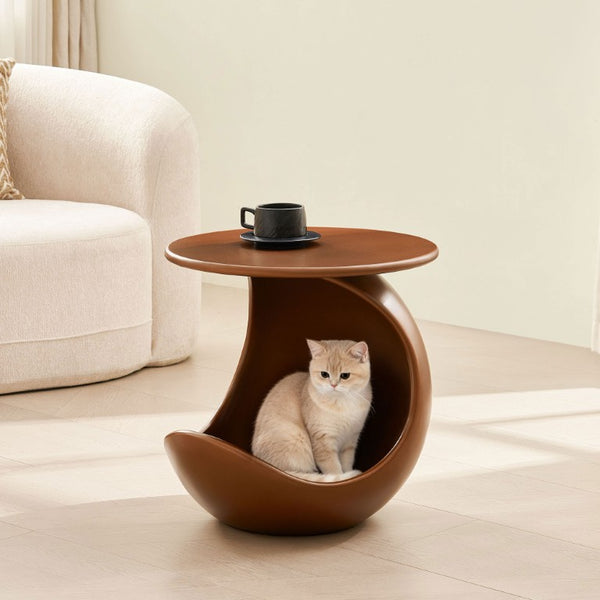 English Elm 19.69 Crescent Side Table with Cat Cave Base MDF Top Fiberglass No Assembly Brown W2582P581180