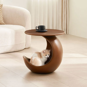 English Elm 19.69 Crescent Side Table with Cat Cave Base MDF Top Fiberglass No Assembly Brown W2582P581180