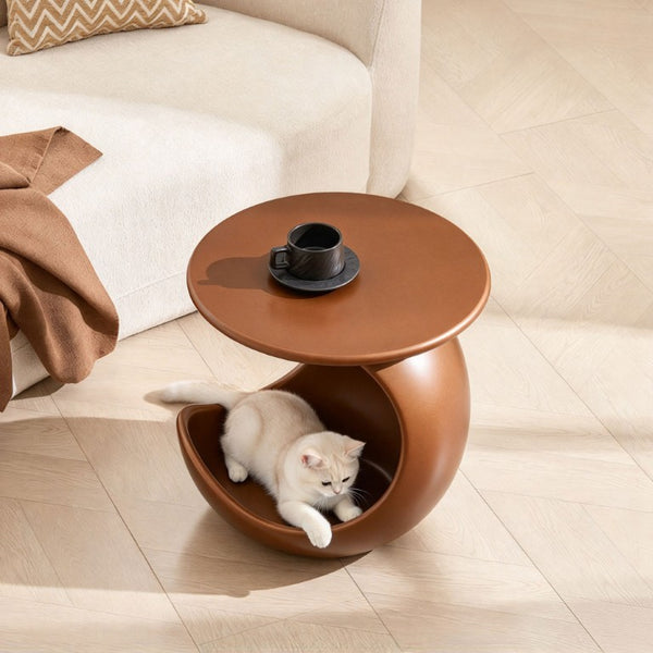 English Elm 19.69 Crescent Side Table with Cat Cave Base MDF Top Fiberglass No Assembly Brown W2582P581180