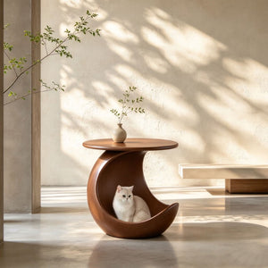 English Elm 19.69 Crescent Side Table with Cat Cave Base MDF Top Fiberglass No Assembly Brown W2582P581180