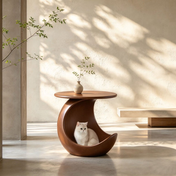 English Elm 19.69 Crescent Side Table with Cat Cave Base MDF Top Fiberglass No Assembly Brown W2582P581180