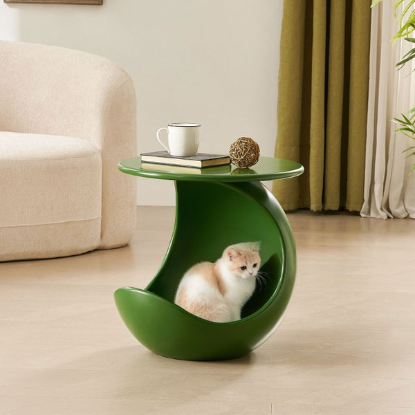 English Elm 19.69 Crescent Side Table with Cat Cave Base MDF Top Fiberglass No Assembly Green W2582P581185