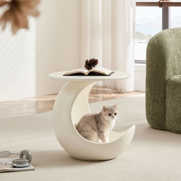 English Elm 19.69 Crescent Side Table with Cat Cave Base MDF Top Fiberglass No Assembly White W2582P581196