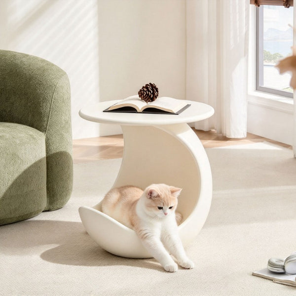 English Elm 19.69 Crescent Side Table with Cat Cave Base MDF Top Fiberglass No Assembly White W2582P581196