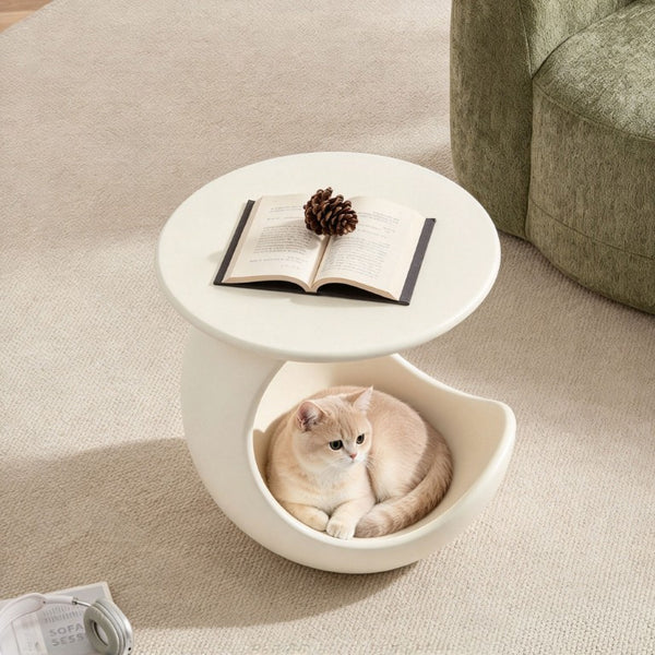 English Elm 19.69 Crescent Side Table with Cat Cave Base MDF Top Fiberglass No Assembly White W2582P581196