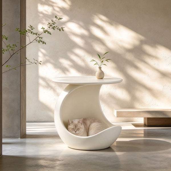 English Elm 19.69 Crescent Side Table with Cat Cave Base MDF Top Fiberglass No Assembly White W2582P581196