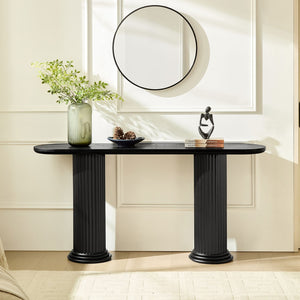 English Elm 62.99 Inch Neoclassical Console Table Wood Veneer Roman Column Legs Entryway Accent Black W2582S00208