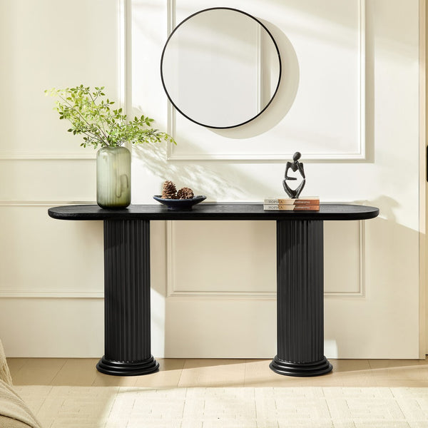 English Elm 62.99 Inch Neoclassical Console Table Wood Veneer Roman Column Legs Entryway Accent Black W2582S00208