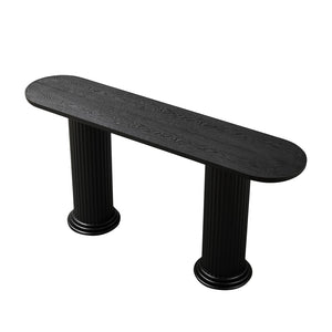 English Elm 62.99 Inch Neoclassical Console Table Wood Veneer Roman Column Legs Entryway Accent Black W2582S00208