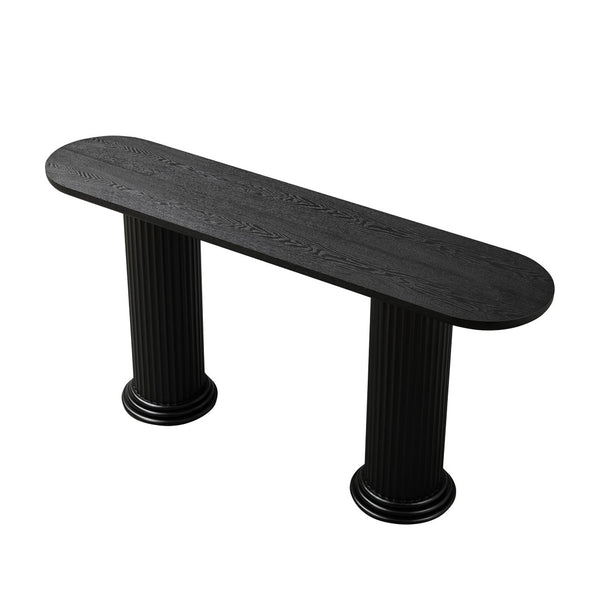 English Elm 62.99 Inch Neoclassical Console Table Wood Veneer Roman Column Legs Entryway Accent Black W2582S00208
