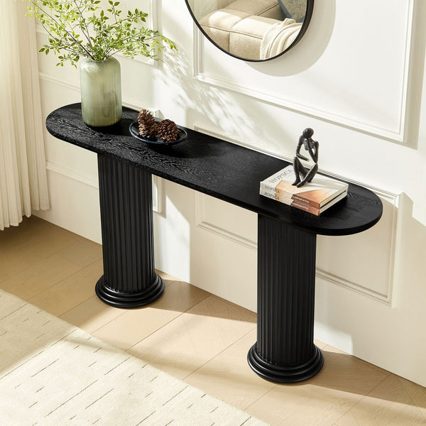 English Elm 62.99 Inch Neoclassical Console Table Wood Veneer Roman Column Legs Entryway Accent Black W2582S00208