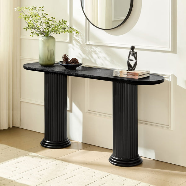 English Elm 62.99 Inch Neoclassical Console Table Wood Veneer Roman Column Legs Entryway Accent Black W2582S00208