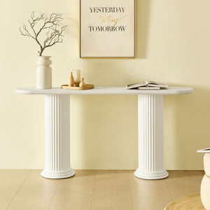 English Elm 62.99 Inch Neoclassical Console Table Wood Veneer Roman Column Legs Entryway Accent White W2582S00209