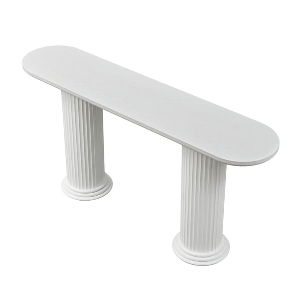 English Elm 62.99 Inch Neoclassical Console Table Wood Veneer Roman Column Legs Entryway Accent White W2582S00209