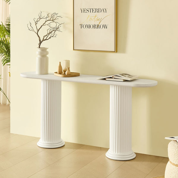 English Elm 62.99 Inch Neoclassical Console Table Wood Veneer Roman Column Legs Entryway Accent White W2582S00209