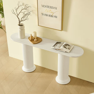 English Elm 62.99 Inch Neoclassical Console Table Wood Veneer Roman Column Legs Entryway Accent White W2582S00209