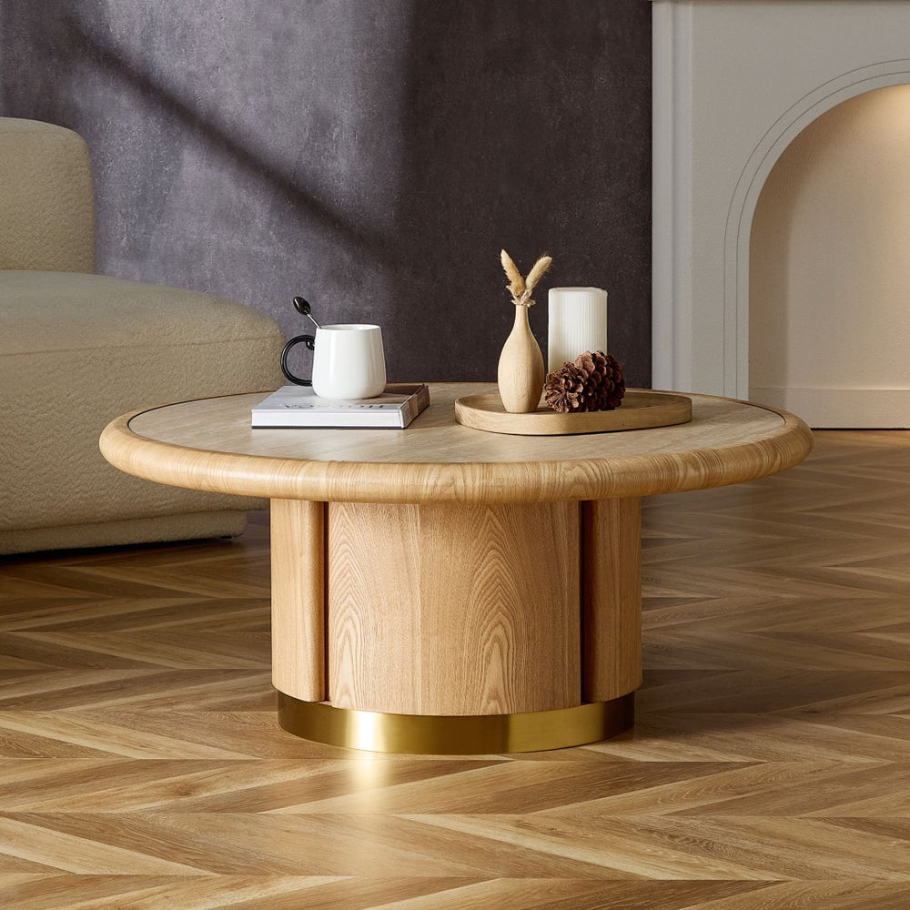 English Elm 35.43 Inch Round Sintered Stone Coffee Table with Wood Veneer Pedestal Base for Living Room Natural W2582S00210