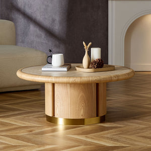 English Elm 35.43 Inch Round Sintered Stone Coffee Table with Wood Veneer Pedestal Base for Living Room Natural W2582S00210