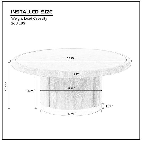 English Elm 35.43 Inch Round Sintered Stone Coffee Table with Wood Veneer Pedestal Base for Living Room Natural W2582S00210